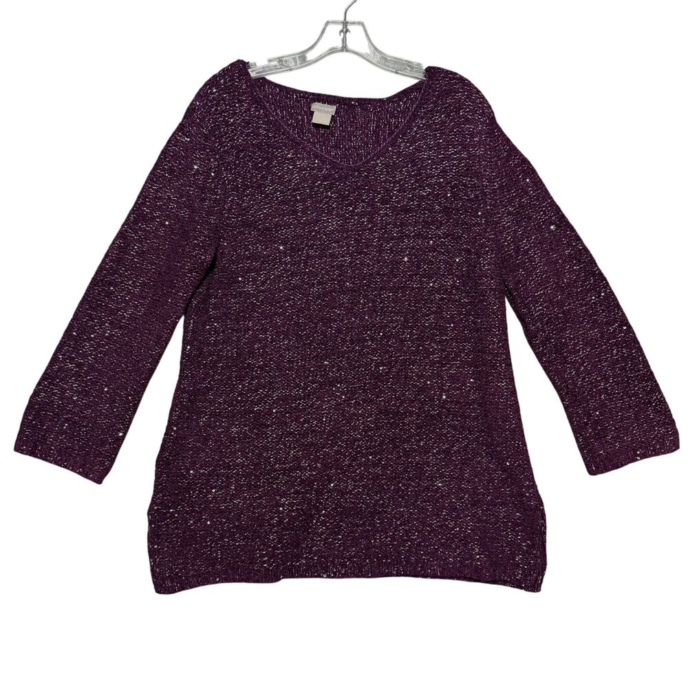 Chico's V-Neck Knit Long Sleeve Tunic Top Sweater Women M Metallic Silver Purple